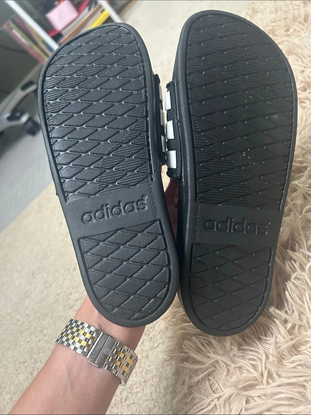 adidas Kids Black and White Slide Sandals with Three Stripes